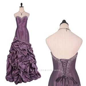 Vintage Prom Dress Maxi Ball Gown Purple Y2K Glam Princess Bead Strapless Gather